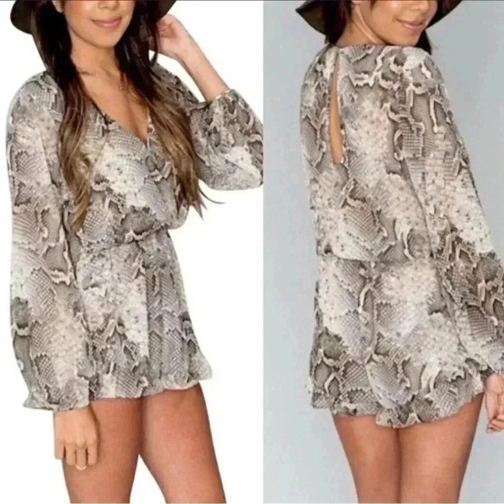 Show Me Your MuMu Snake Print Romper in Beige and Brown